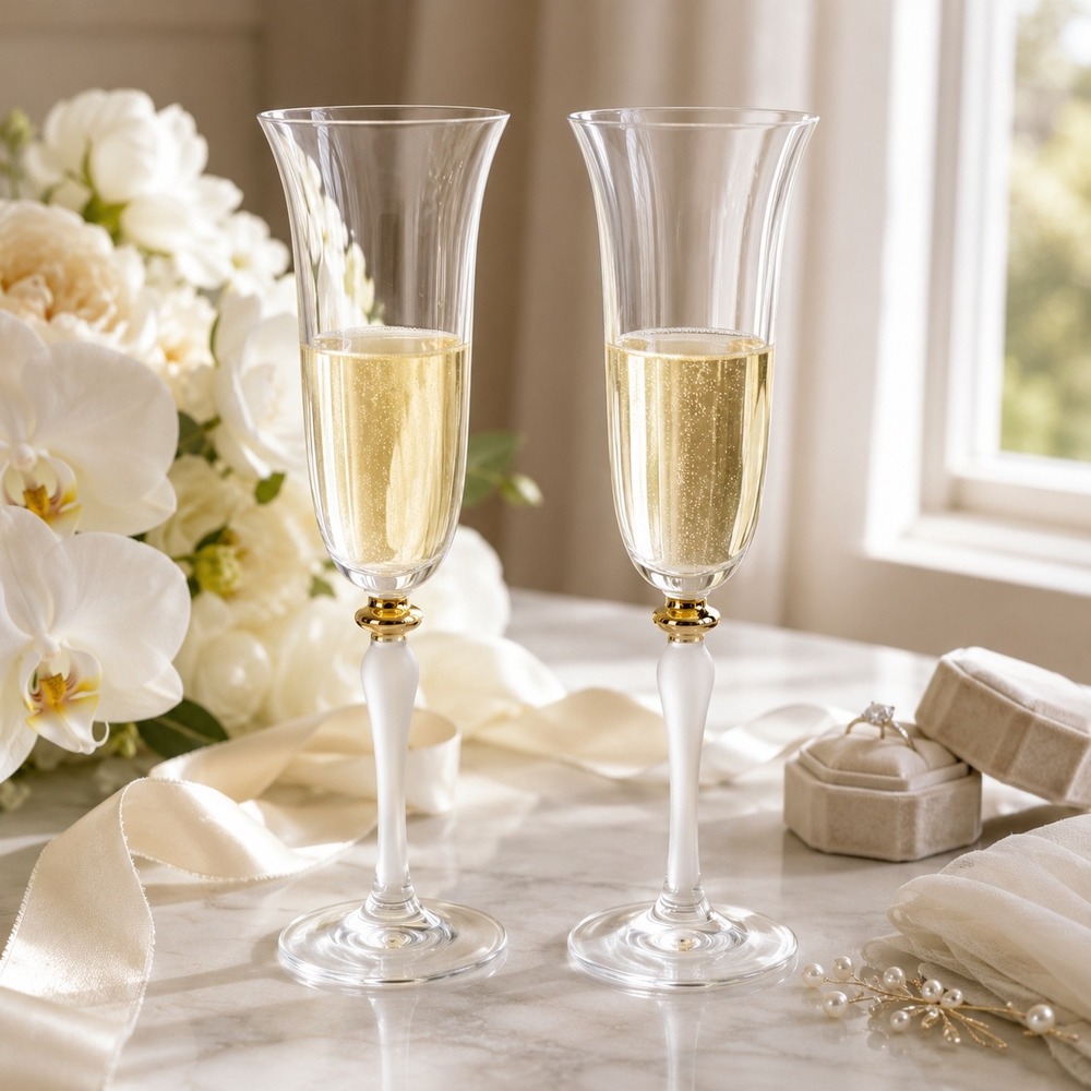Vintage Wedding Champagne Flutes Pair Gold Accent Toasting Glasses